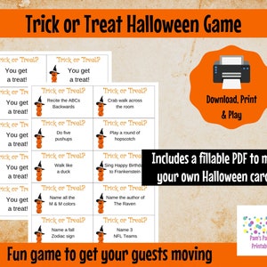 Juego de Halloween. Tarjetas de truco o trato: haz un truco o recibe un trato. Juego de Halloween imprimible para niños, adolescentes o adultos. PDF editable y rellenable