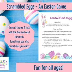 以下が含まれることがあります： スクランブルエッグというイースターのピンクとブルーの印刷可能なゲーム。このゲームには、プラスチックの卵、サイコロ、カードを使った遊び方についての説明が含まれています。ゲームカードのテキストには、「運とチャンスのゲーム！サイコロを振ってカードを読んでください。勝つこともあれば、負けることもあります。あらゆる年齢層に最適です！」と書かれています。