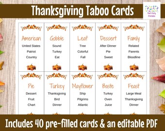 Printable Thanksgiving Taboo Game Cards, Thanksgiving Party Game for classrooms, scouts, youth groups, family game night. Thanksgiving Game