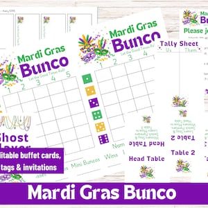 Mardi Gras Bunco Score Sheets, Let the Good Times Roll Bunco, March Bunco, Fat Tuesday Bunco, Green and Purple, Editable Invitation