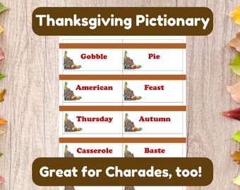 Thanksgiving Pictionary and Charades Printable Game Cards Editable Friendsgiving PDF Drawing Game Fall Party Game for Kids, Teens, Adults