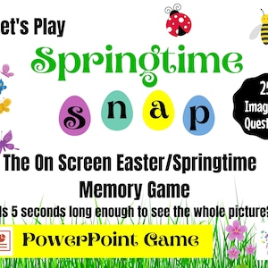 Puede incluir: Un juego de PowerPoint colorido titulado "Juguemos a Springtime Snap" con 25 imágenes y preguntas. El juego presenta un fondo verde con flores y mariposas. El texto "¿Son 5 segundos suficientes para ver toda la imagen?" también está incluido.