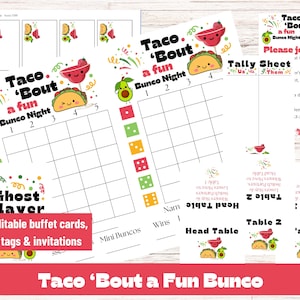 Feuilles de pointage Taco' Bout a Fun Bunco Night Bunco, thème Taco Tuesday Bunco, Cinco de Mayo Bunco, thème May Bunco, invitation modifiable
