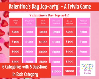 Valentine's Day Jep-arty Printable Game, Valentines Trivia Game, Valentines Game Show, Classroom, Valentine's Game for teens or adults