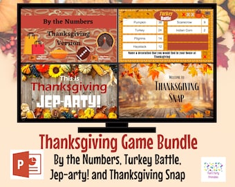 May include: A digital display shows four Thanksgiving-themed game boards. The games are "By the Numbers Thanksgiving Version", "Turkey Battle", "This is Thanksgiving Jep-Arty!" and "Welcome to Thanksgiving Snap".