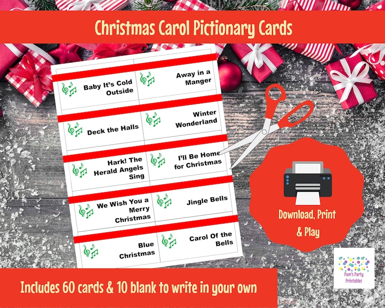 Printable Christmas Carol Game Cards for Pictionary or Charades INSTANT DOWNLOAD image 1