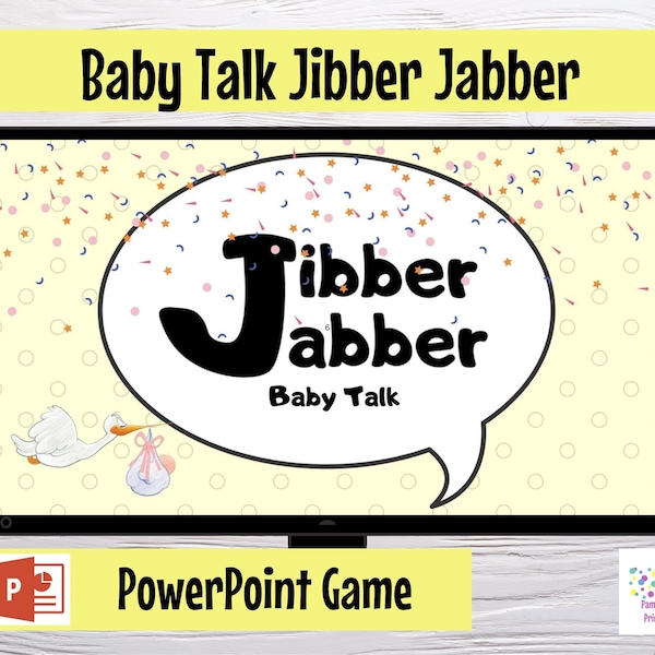 Virtueel of groot scherm babyshowerspel Jibber Jabber Babypraatspel - Spreek de woorden uit om de werkelijke betekenis te onthullen - PowerPoint-zoomspel