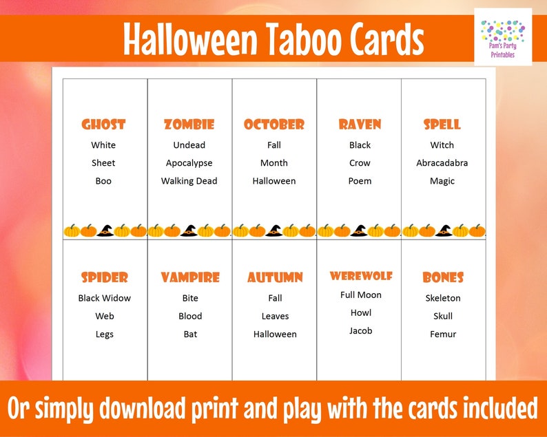 Printable Halloween Taboo Game Cards Editable PDF (Instant Download) - Etsy