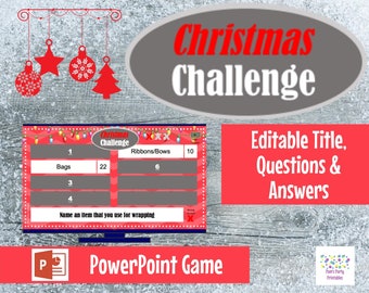 May include: A red and white Christmas-themed PowerPoint game template with a title that says "Christmas Challenge". The template is editable and includes a list of items and their corresponding numbers. The text "Editable Title, Questions & Answers" is also included in the image.