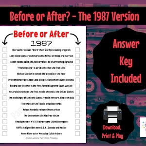 1987 Before or After Trivia Game: 80s Party, Reunion (Printable)