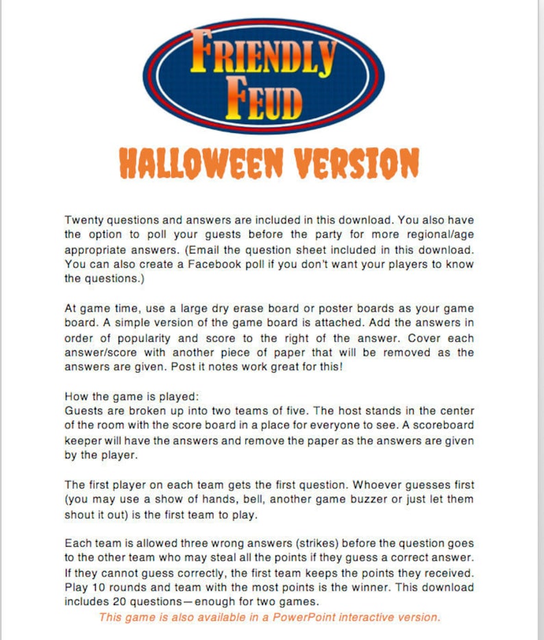 Halloween Friendly Feud 20 Questions and Answers , Printable Game , Halloween Party Game , Instant Download