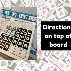 May include: A Mahjong Practice Board with a grid for tile placement, accompanied by a blue tile rack. The board features the text "Mahjong Practice Board" and "Directions on top of board". The background is filled with Mahjong tiles.