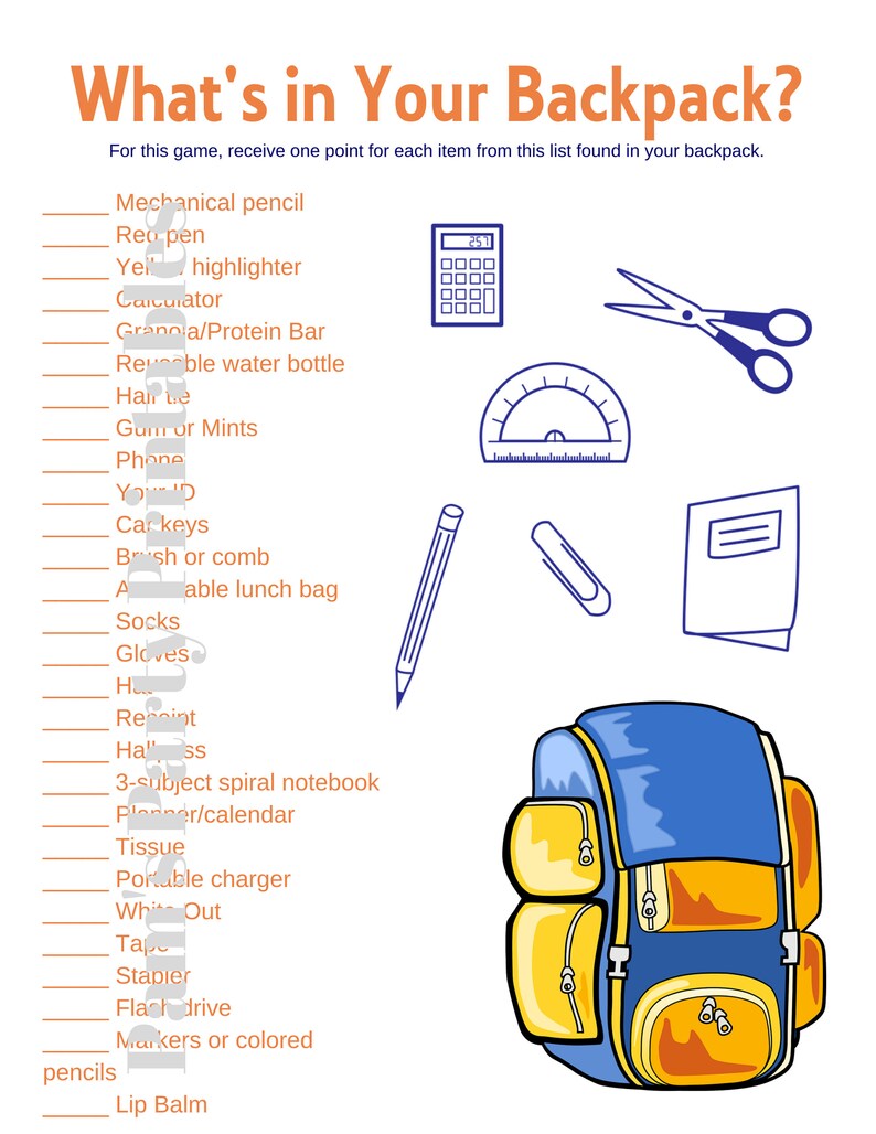 What's in Your Backpack Classroom Game Icebreaker Table Game Printable Game Youth Group Group