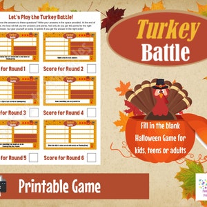 Turkey Battle Game Show Printable Game, Thanksgiving Trivia Game, Friendsgiving Party Game, Printable family game for adults, teens and kids