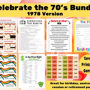 Puede incluir: Un paquete de juegos imprimibles con temática de 1978. El paquete incluye siete juegos: Juguemos a la Batalla de los 70, Comerciales que nos hicieron, Antes o después de 1978, Los 70, El precio justo versión 1978, 70s Jep Arty y Siete juegos imprimibles. Los juegos están diseñados para fiestas de cumpleaños, aniversarios, reuniones o fiestas de jubilación.