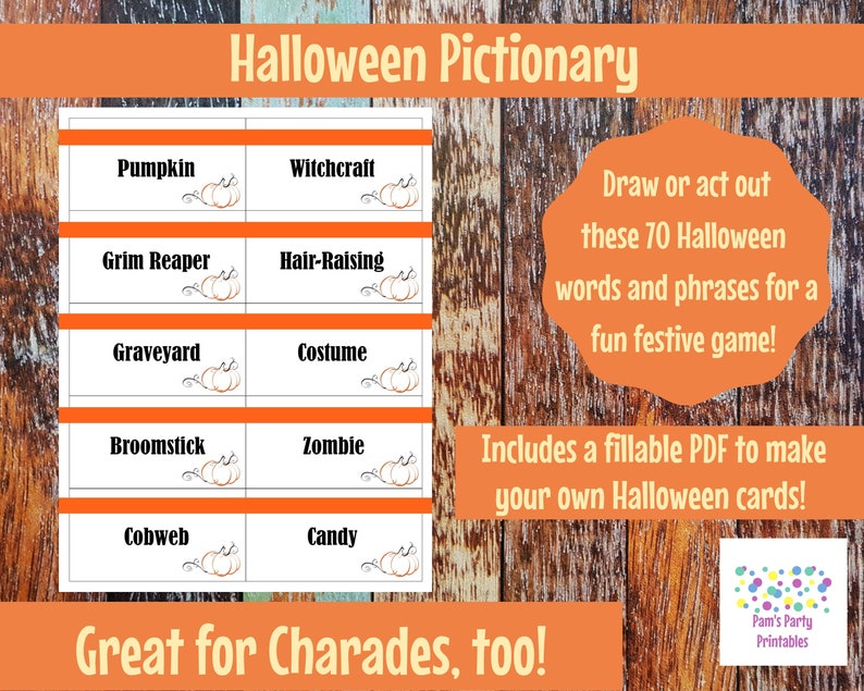 Halloween Pictionary Game Cards. Halloween Charade cards. Halloween Drawing Game . Halloween Game. Editable Halloween Pictionary. Fillable image 1