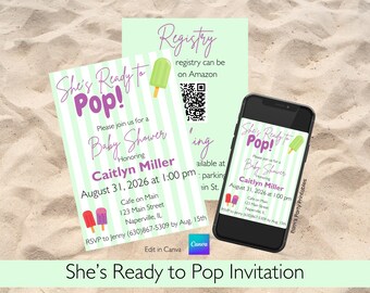 She's Ready to Pop Invitation Template, Edit on Canva, Baby Shower Template, Popsicle Theme, 5 x 7 Card Template A7 Vertical Summer Shower