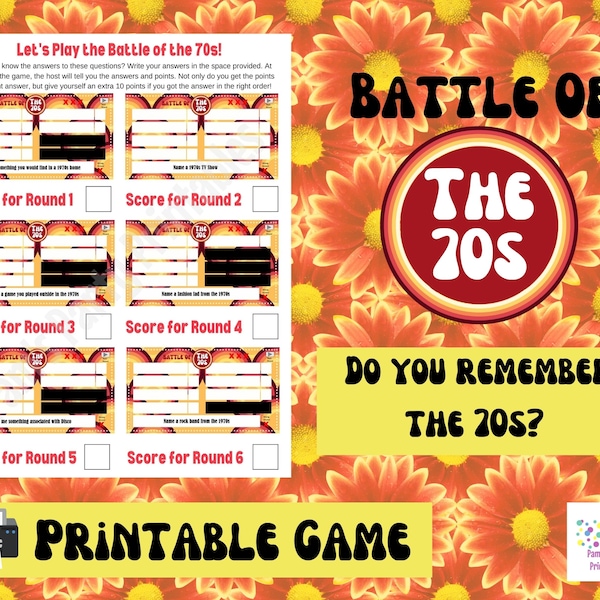 Battle of the 70s Game Show Printable Game, Girls Night, 50th birthday, 50th Anniversary, Class of 1970s Reunion Retirement, Born in the 70s