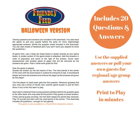 Halloween Friendly Feud 20 Questions And Answers Printable Game Halloween Party Game Printable Family Feud