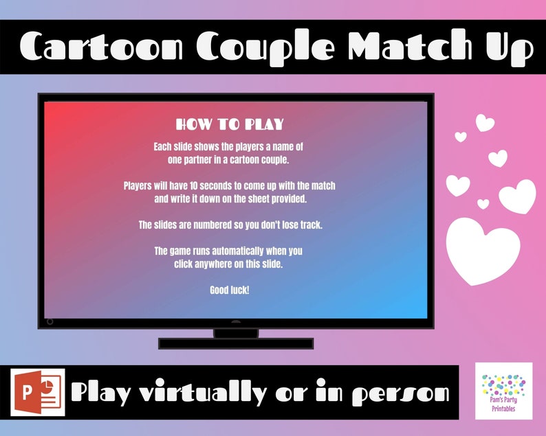 Classroom Game Zoom Game Galentines Game Valentine/'s Day Game Virtual Game Valentine/'s Day Cartoon Couple Match up PowerPoint Game