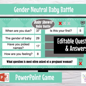 Virtual or Large Screen Game, Gender Neutral Baby Battle, Interactive PowerPoint Game, Baby Shower Party Game, Zoom game, editable questions image 2