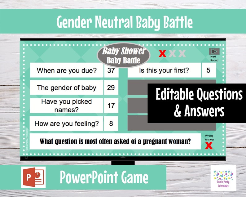 Virtual or Large Screen Game, Gender Neutral Baby Battle, Interactive PowerPoint Game, Baby Shower Party Game, Zoom game, editable questions image 2