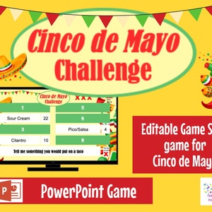 Puede incluir: Un juego de PowerPoint para el Cinco de Mayo. El tablero del juego tiene un fondo amarillo con un borde rojo y presenta una lista de ingredientes para un taco. El juego es editable y se puede usar para un programa de juegos.