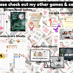 May include: A collection of printable games and cards, including escape room kits, invitations, Bunco score sheets, and PowerPoint games. The image features various designs, such as a pink dress, a witch, Santa Claus, dinosaurs, and family photos.