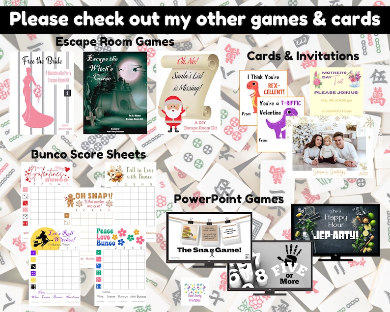 May include: A collection of printable games and cards, including escape room kits, invitations, Bunco score sheets, and PowerPoint games. The image features various designs, such as a pink dress, a witch, Santa Claus, dinosaurs, and family photos.