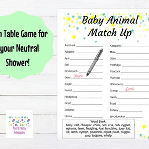 Baby Shower Baby Animal Match Up Printable Neutral Green Stars Baby Shower Game, Couples Shower, Grandma Shower, Gender Reveal image 2