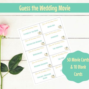 Name that Wedding Movie, druckbare Brauthochzeitsparty-Spielkarten für Pictionary, Scharaden oder Slogan, Girls Night Game, Galantines