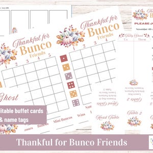 Agradecido por los amigos de Bunco, Bunco de Acción de Gracias, Bunco de noviembre, Bunco de otoño, Hojas de puntuación de Bunco, Imprimible, Tema de otoño de tendencia para Bunco.