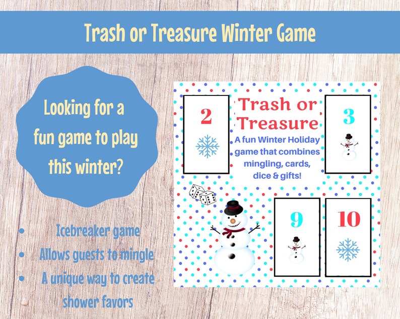 Winter Holiday Trash or Treasure Printable Dice & Card Game for Large Group, Winter, Classroom, GNO, Hanukkah Game, Mingle Game, Table Game image 1