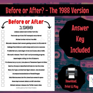 1988 Before or After Game - 37th birthday, 37th Anniversary, Class of 1988, Reunion, Retirement, 80s Party, 1988 Trivia, Printable,
