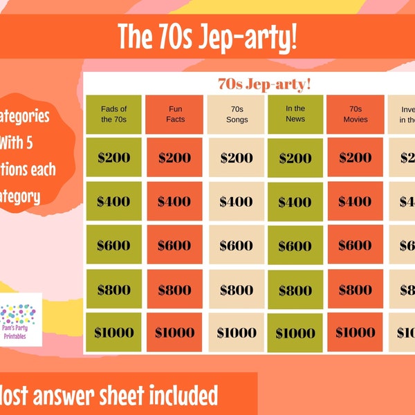The 70s Jep-arty!, Printable Game, 50th Birthday, 50th Anniversary, 70s trivia, Retirement Party, Class of the 70s Reunion, Party Game 1970s