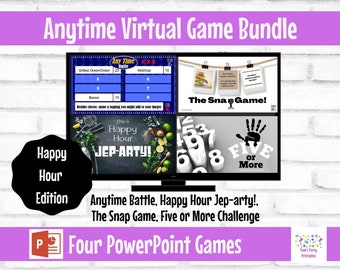 Virtual Anytime Game Bundle. Zoom Game, PowerPoint, Happy Hour Game, 21+, Snap, Anytime Battle, Happy Hour Jep-arty, Five or More Challenge