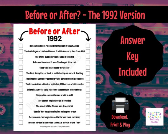 1992 Before or After Game - 30th birthday, 30th Anniversary, Class of 1992, Reunion, Retirement, 90s Party, 1992 Trivia, Printable, Il_570xn