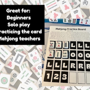 May include: A Mahjong practice board with a grid for tile placement, surrounded by scattered Mahjong tiles. The board includes instructions and a layout for practicing the game. Text on the board reads "Mahjong Practice Board". A black box lists "Great for: Beginners, Solo play, Practicing the card, Mahjong teachers."