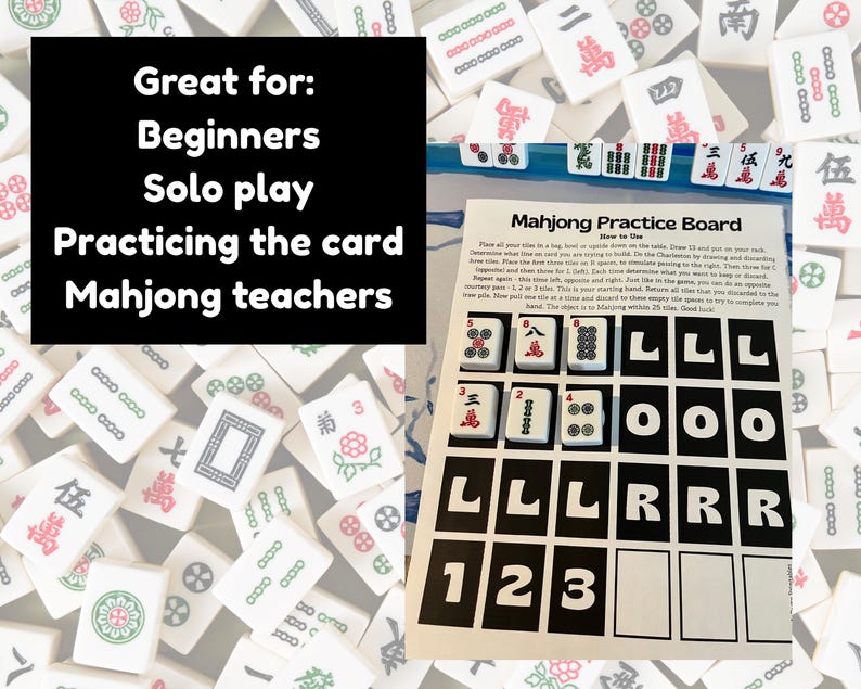 May include: A Mahjong practice board with a grid for tile placement, surrounded by scattered Mahjong tiles. The board includes instructions and a layout for practicing the game. Text on the board reads "Mahjong Practice Board". A black box lists "Great for: Beginners, Solo play, Practicing the card, Mahjong teachers."