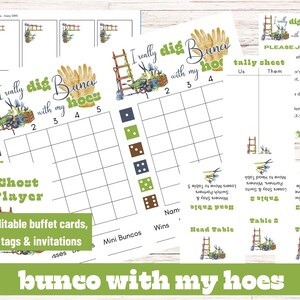 Op de afbeelding: Een set printables voor het Bunco-spel met een tuinthema. Het ontwerp bevat een ladder, tuingereedschap en de zin "I really dig Bunco with my hoes". Inclusief scorekaarten, uitnodigingen en naambadges.