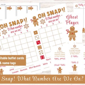 Oh Snap! Peperkoek Bunco-scorebladen, op welk nummer zijn we, Kerstthema, Bunco-scorebladen voor feestdagen, afdrukbaar, december Bunco