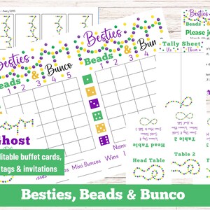 Mardi Gras Bunco Score Sheets, Besties, Beads and Bunco March Bunco, Fat Tuesday Bunco, Green and Purple, Editable Invitation