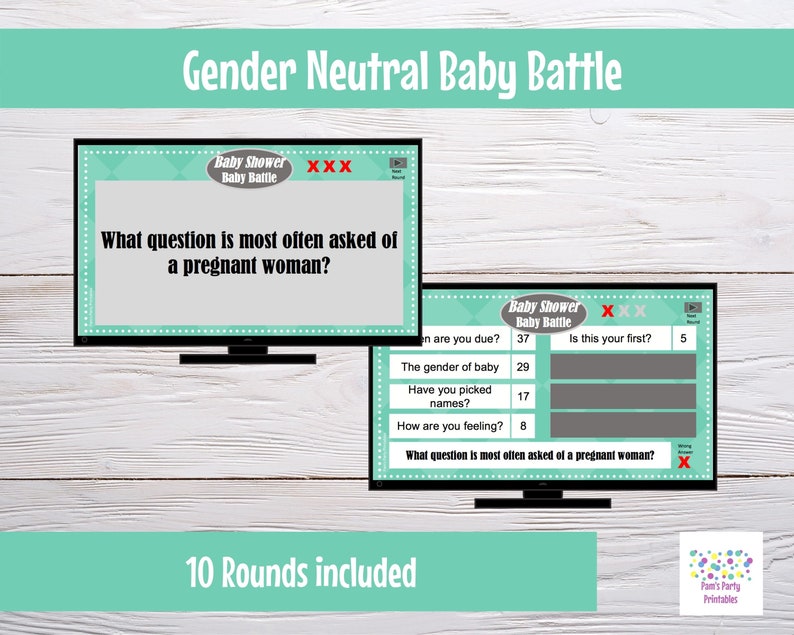 Virtual or Large Screen Game, Gender Neutral Baby Battle, Interactive PowerPoint Game, Baby Shower Party Game, Zoom game, editable questions image 5