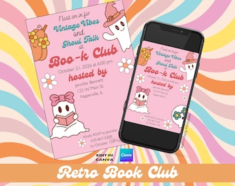 Plantilla de invitación para club de lectura de Halloween retro: diseño editable en Canva (tarjeta de 5x7) (descarga digital)