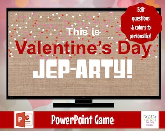 Valentine's Day Jep-arty!, Galentine's Party Game, Valentine's Day Trivia, Game Show, Editable game, Virtual Game or Large Screen Game, Zoom