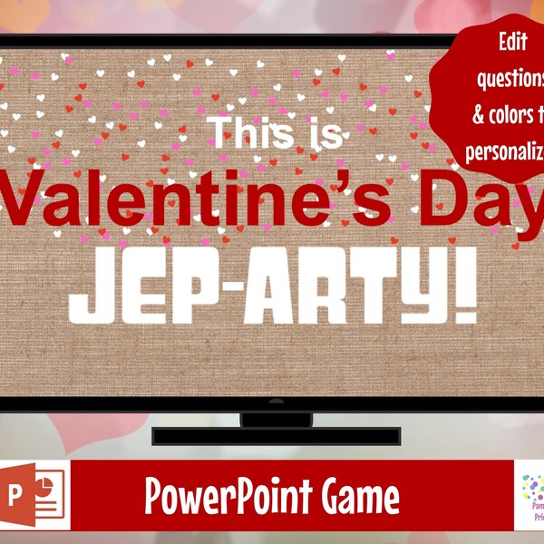 Valentine's Day Jep-arty!, Galentine's Party Game, Valentine's Day Trivia, Game Show, Editable game, Virtual Game or Large Screen Game, Zoom