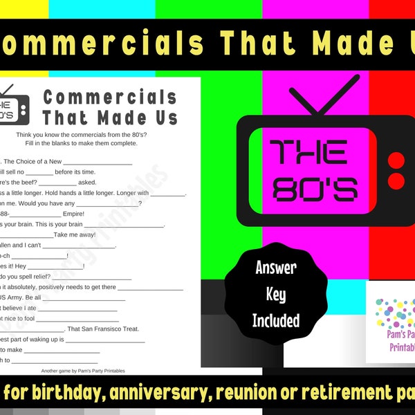 1980s Commercials That Made Us Game 40th birthday, 40th Anniversary, Class of 1980s, Reunion, Retirement, 80s Party, Virtually or in person