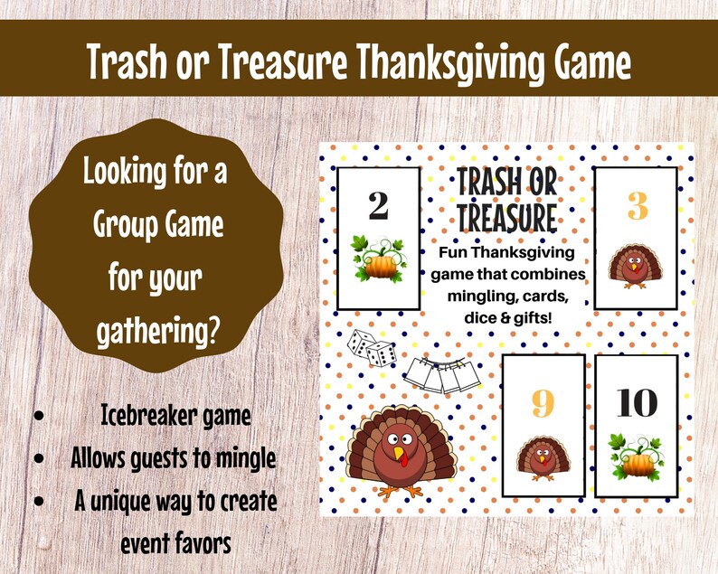 Thanksgiving Trash or Treasure Printable Dice & Card Game Large Group, Youth Group, Classroom, Thanksgiving Game, Mingle Game, Table Game image 1