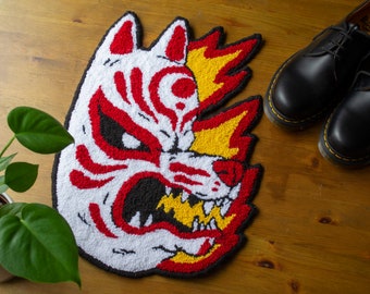 KITSUNE Rug | Handmade Punch Needle Rug  | Illustrative Wall Hanging