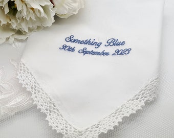 Something Blue Wedding Handkerchief Gift for Bride Personalised Hanky with your wording.